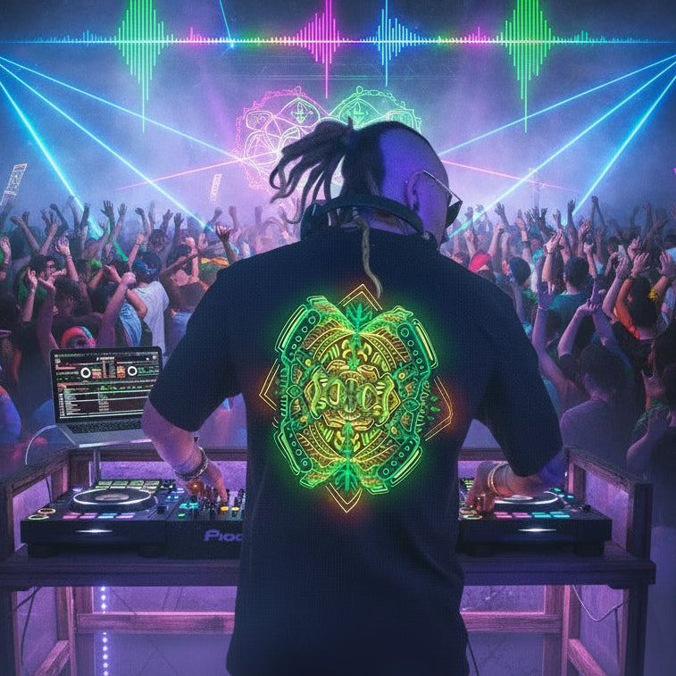 Person wearing a black hoodie with a green and yellow geometric design on a textured wall background