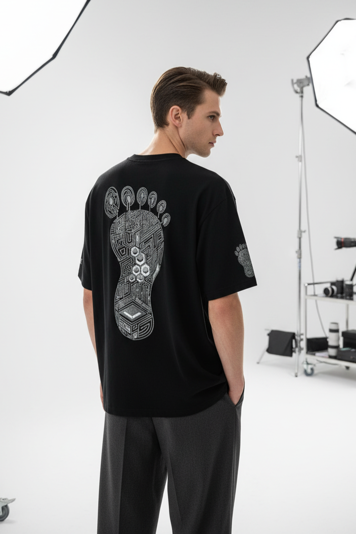 Black t-shirt with a geometric foot design on the back against a gray background